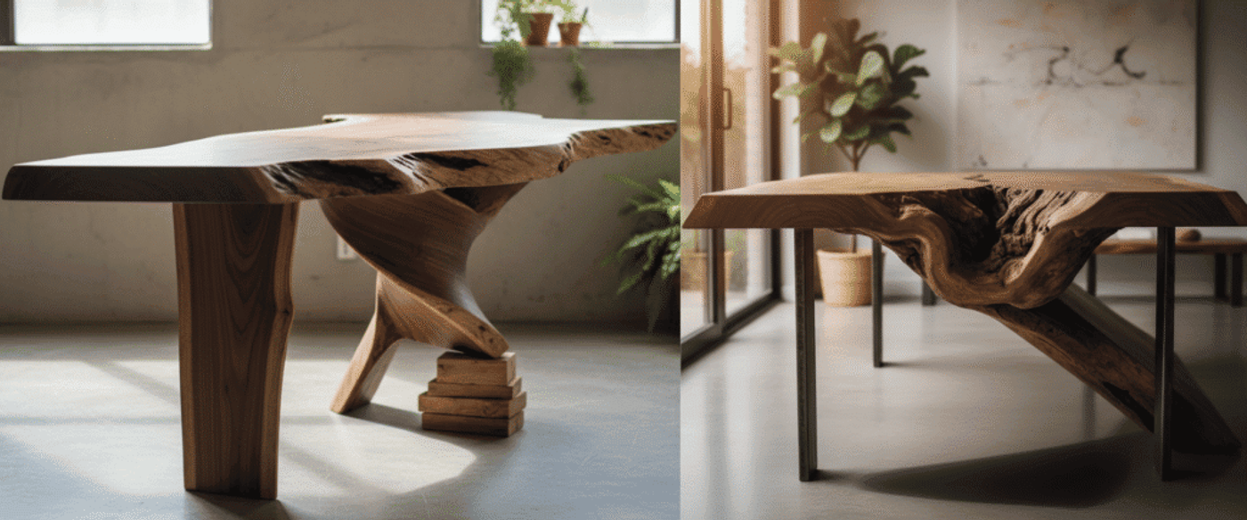 Handcrafted live-edge walnut table with sculpted pedestal base, natural grain and curved support in sunlit minimalist room with plants.