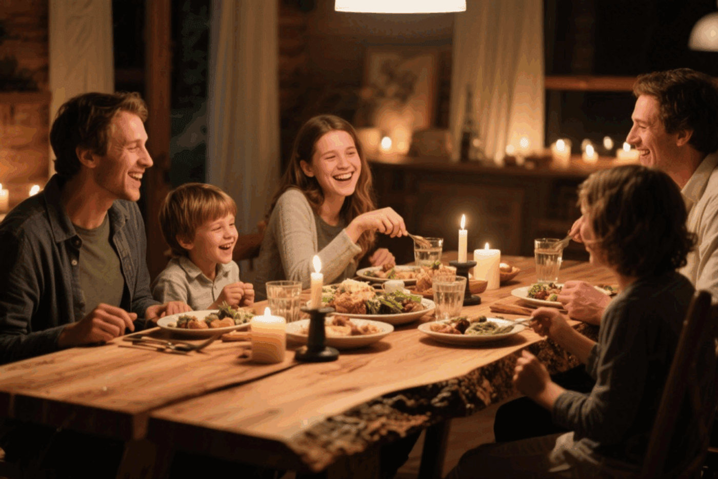 Family enjoying a candlelit dinner together, sharing laughter and food around a rustic wooden table.