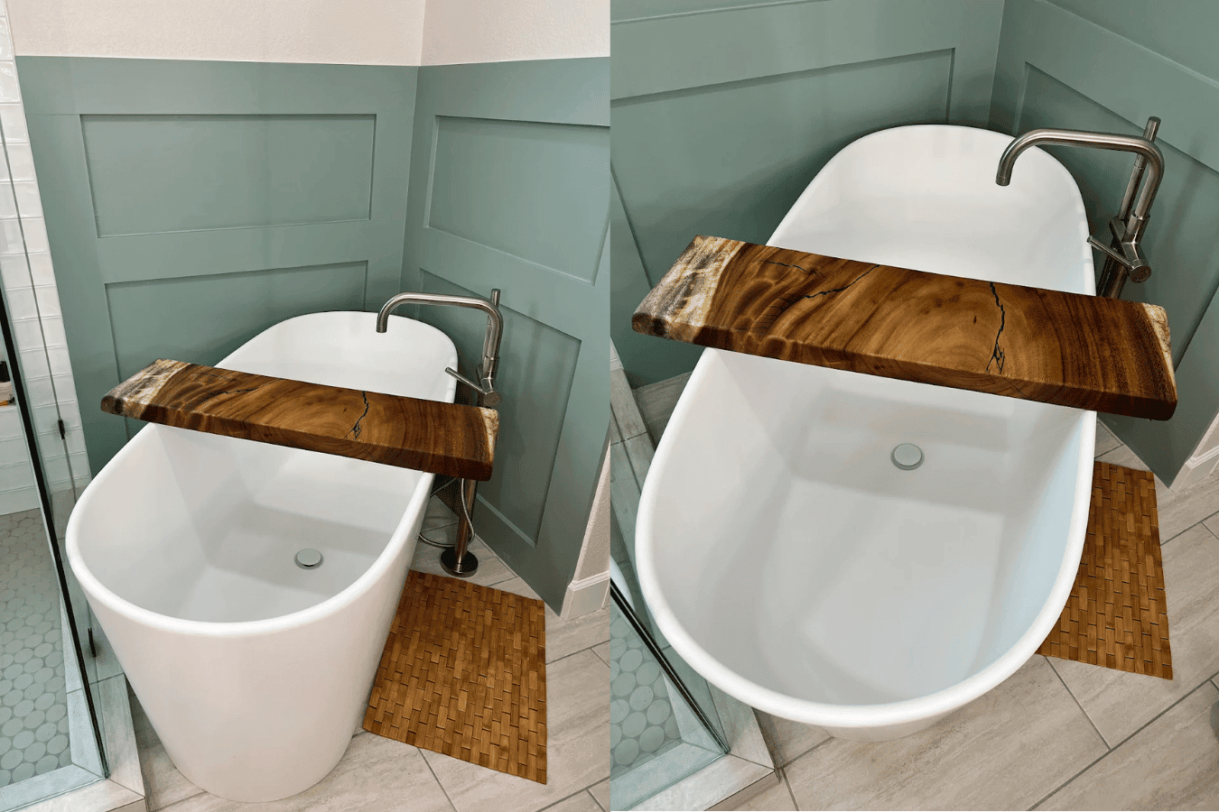 White freestanding bathtub with a natural live-edge wooden bath tray across top, brushed nickel faucet, green paneled wall.