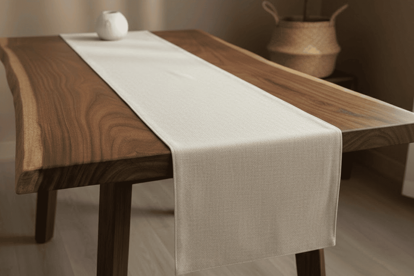 Minimalist wooden dining table with a cream fabric runner down the center and a small white ceramic vase near one end