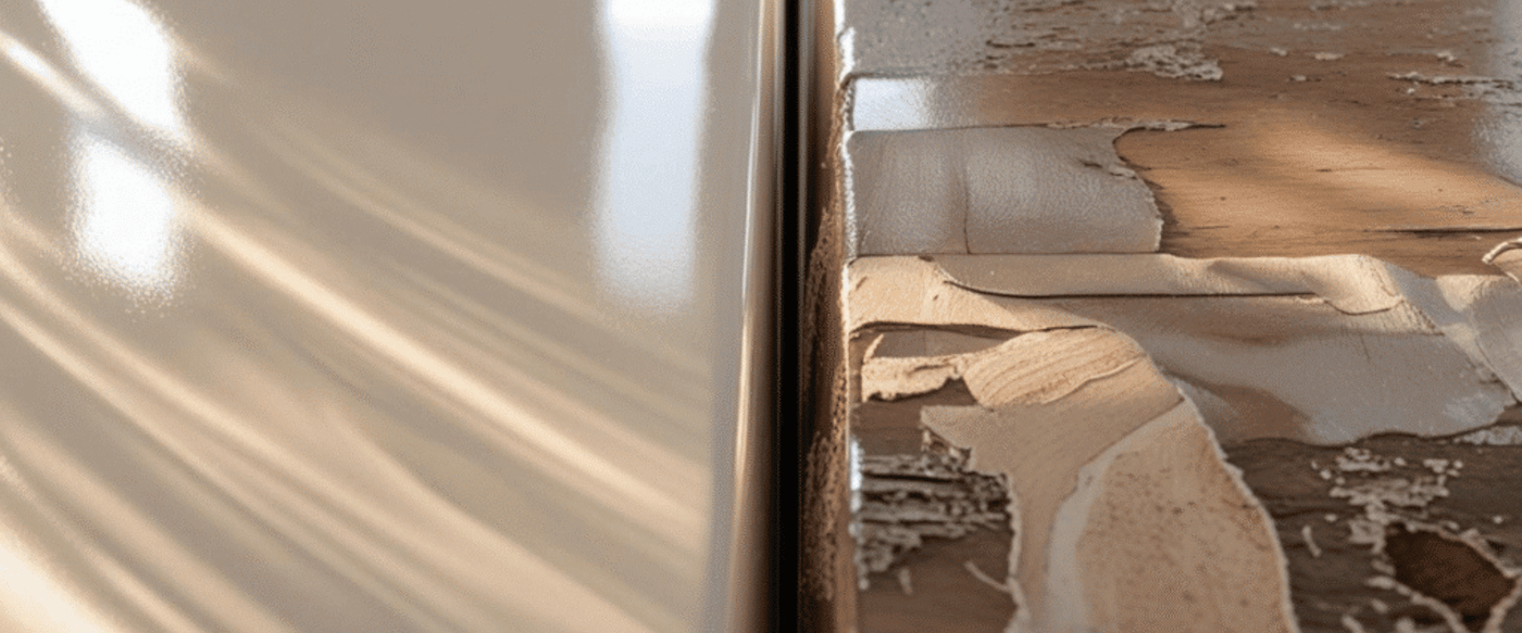 Close-up-of-two-tabletop-surfaces-side-by-side-one-smooth-and-glossy-the-other-rough-and-textured-with-peeling-layers