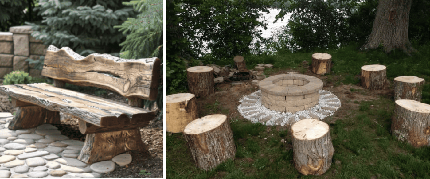 Left image: Rustic wooden bench made from natural logs, placed on a stone-paved area in a garden. Right image: Outdoor fire pit surrounded by tree stump seats arranged in a circle on grass.