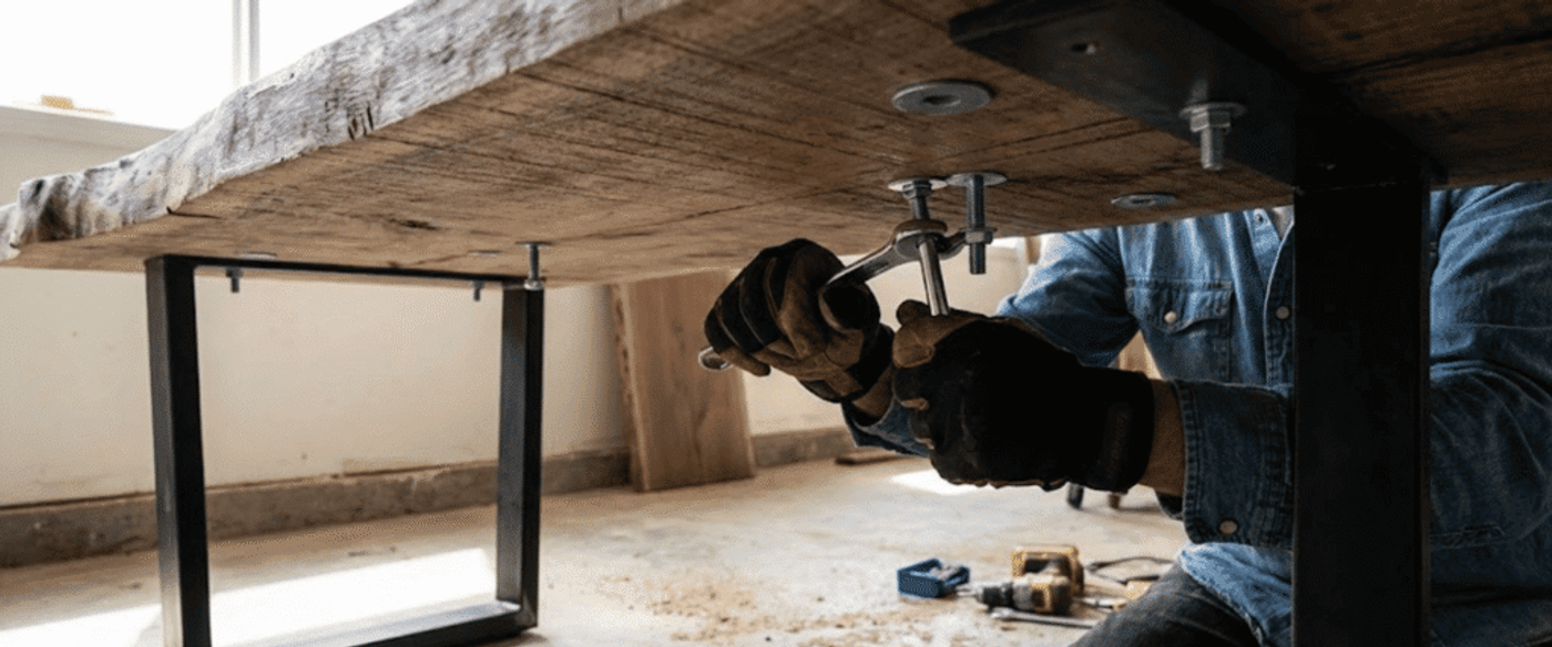 Person wearing gloves and denim shirt tightening bolts under a rustic wooden table with a wrench, workshop tools