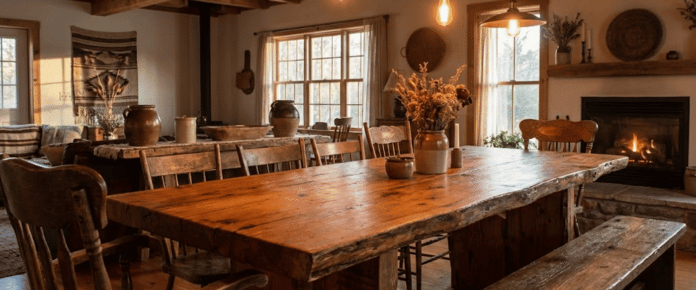 Warm rustic dining room with a large wooden table, mismatched chairs, dried flowers centerpiece, glowing fireplace, and pendant lights