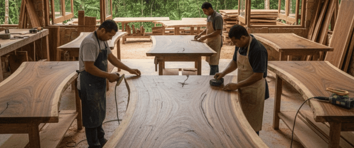 Three carpenters sanding large live-edge wooden tabletops in an open workshop surrounded by tropical forest through tall windows
