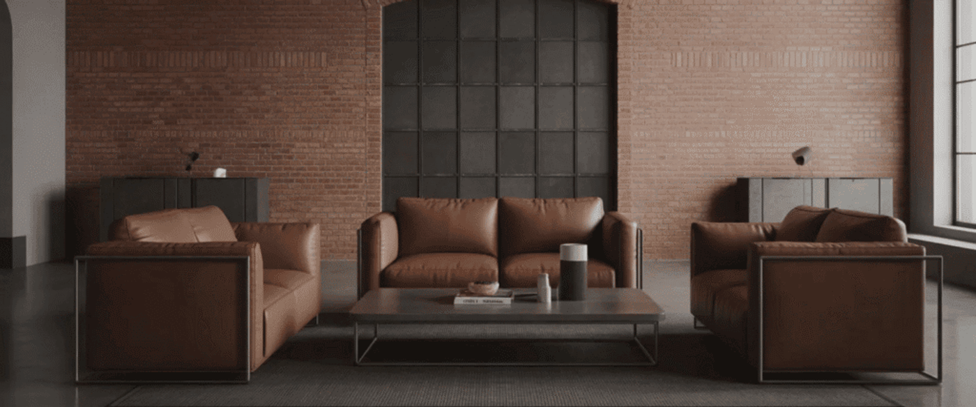 Modern loft interior with exposed brick walls, metal and wood furniture, and minimalist décor