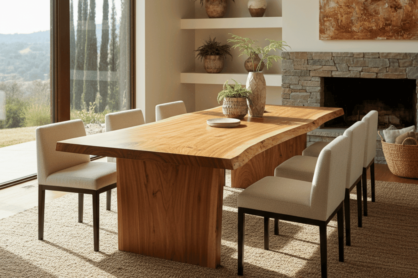 live edge teak wood dining table as the centerpiece in a modern rustic living room, surrounded by minimalist decor