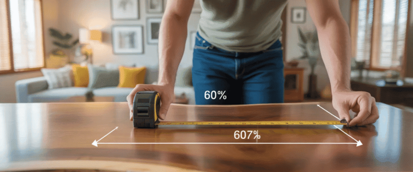 Person measuring a live-edge wooden table with a tape measure across its length in a bright living room