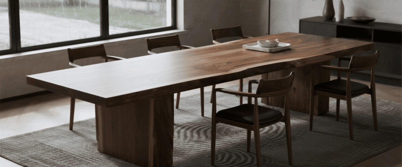 single-slab live edge teak table in a room with changing weather outside the window