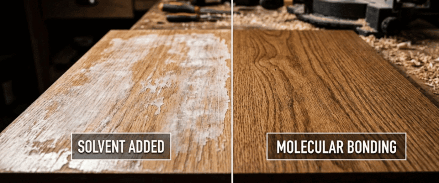 wood surface damaged by solvent smooth, restored oak with deep grain after molecular bonding treatment