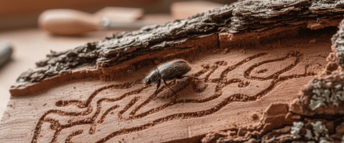 Dark beetle crawling on carved wood plank with winding tunnels, bark fragments and blurred workshop tools in warm natural light.