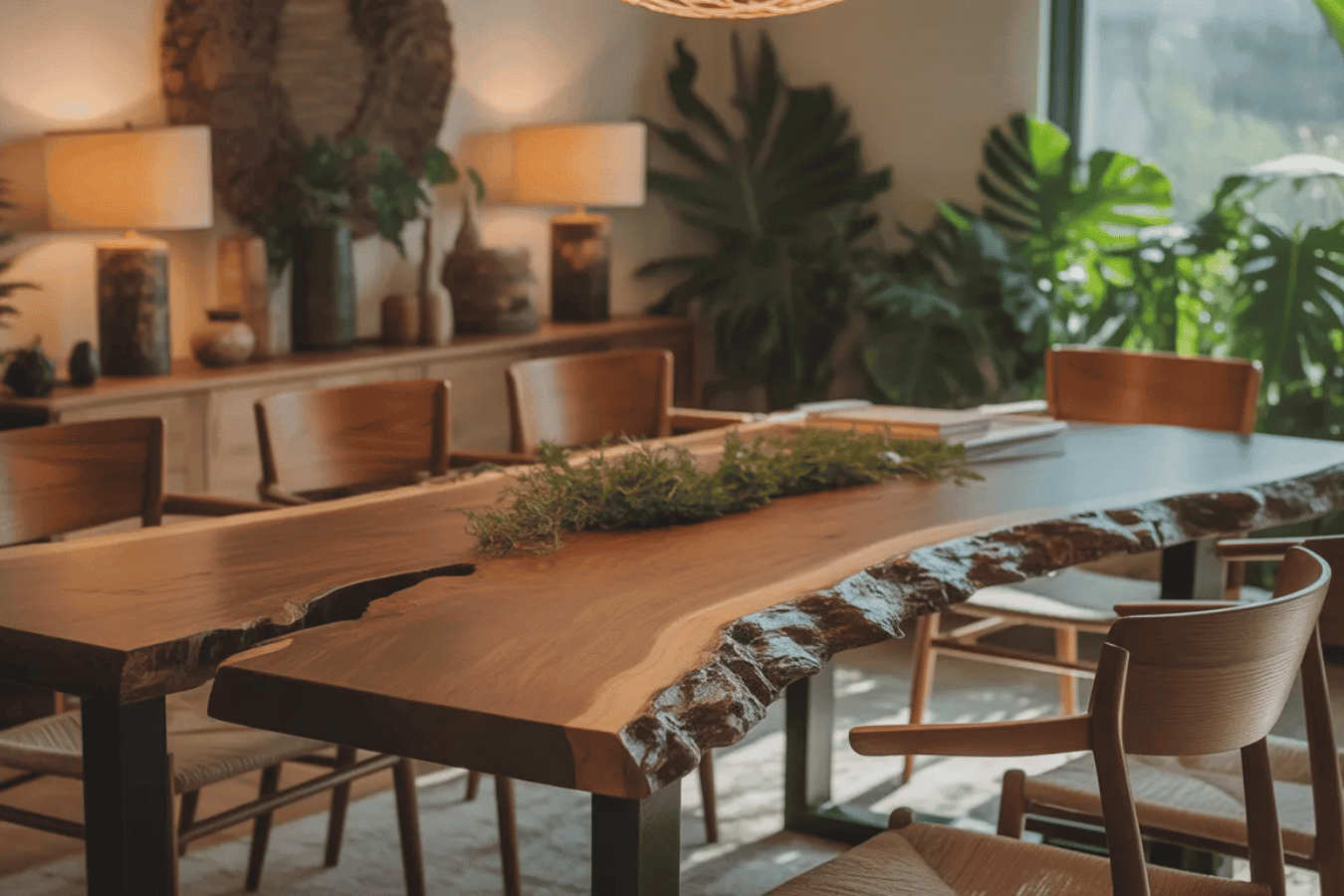 Live-edge wooden dining table surrounded by chairs, natural centerpiece, warm lamps and abundant green plants in a cozy room