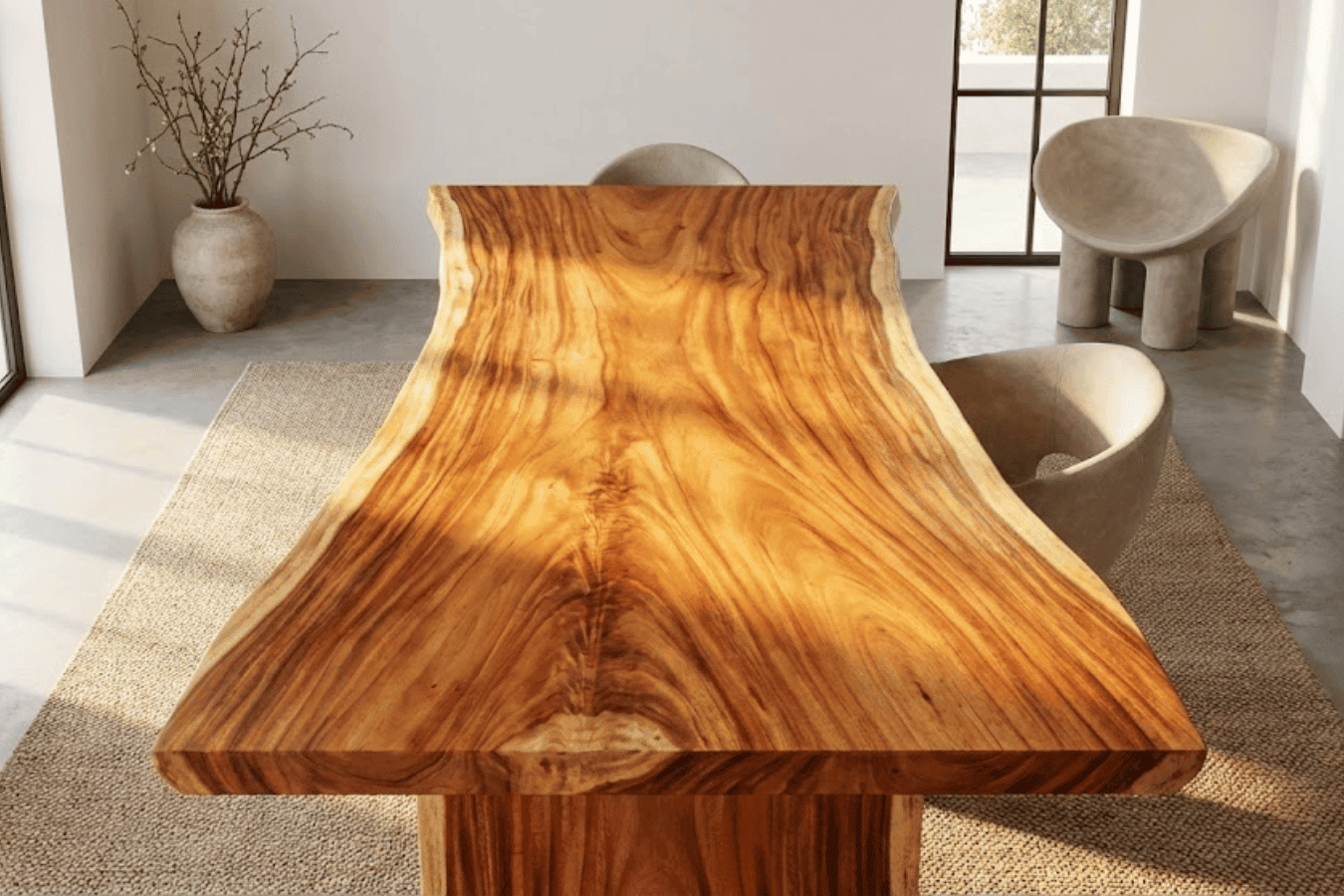 Sunlit live-edge wooden dining table with warm grain on a natural rug, modern chairs, large windows and minimalist decor