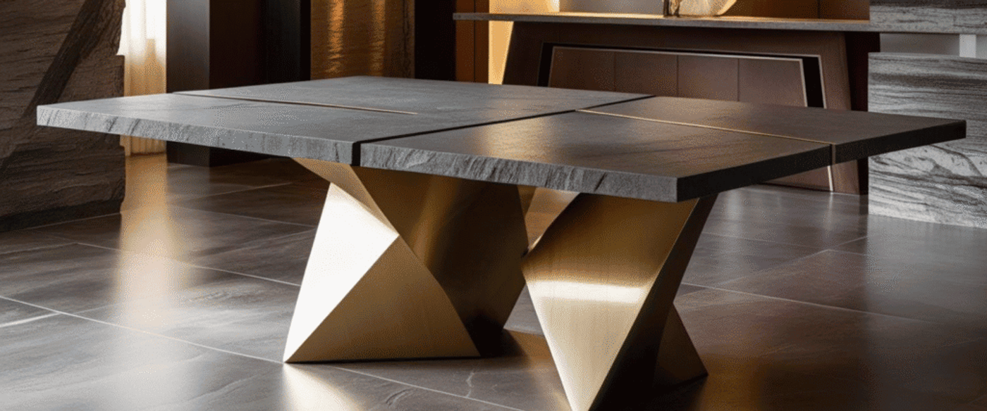 Modern dining table with a textured dark stone top and unique geometric gold metal base, set in a stylish interior with warm lighting and tiled flooring.