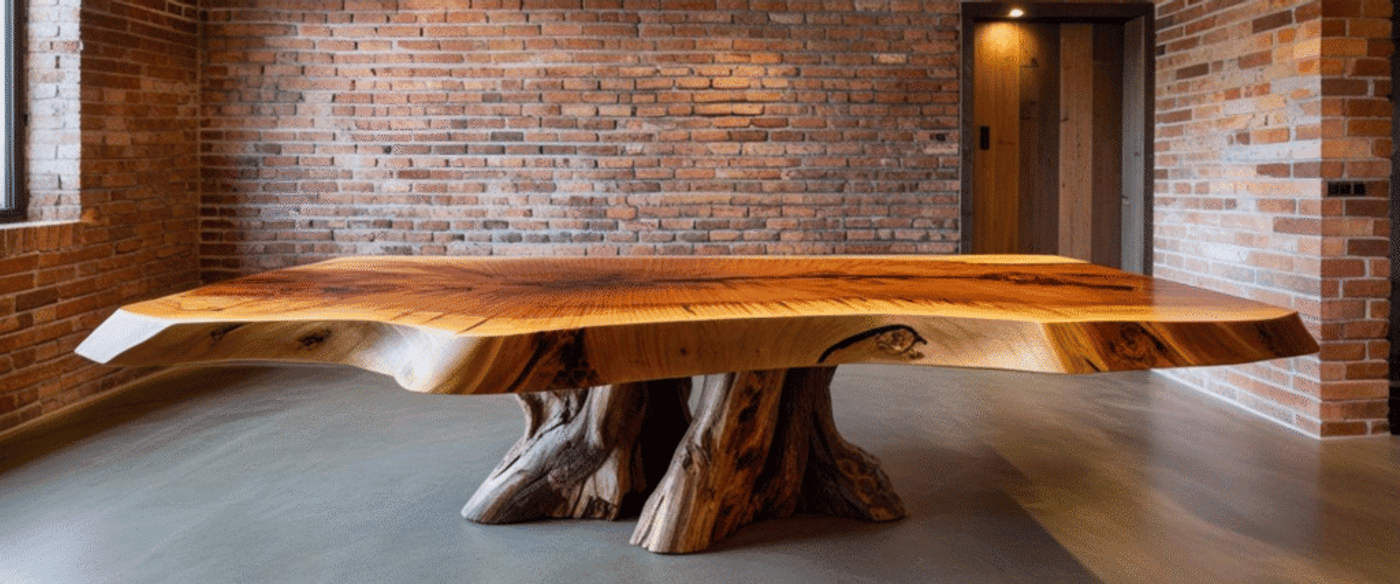 Live edge wooden table with natural tree trunk base, set in a modern room with exposed brick walls.