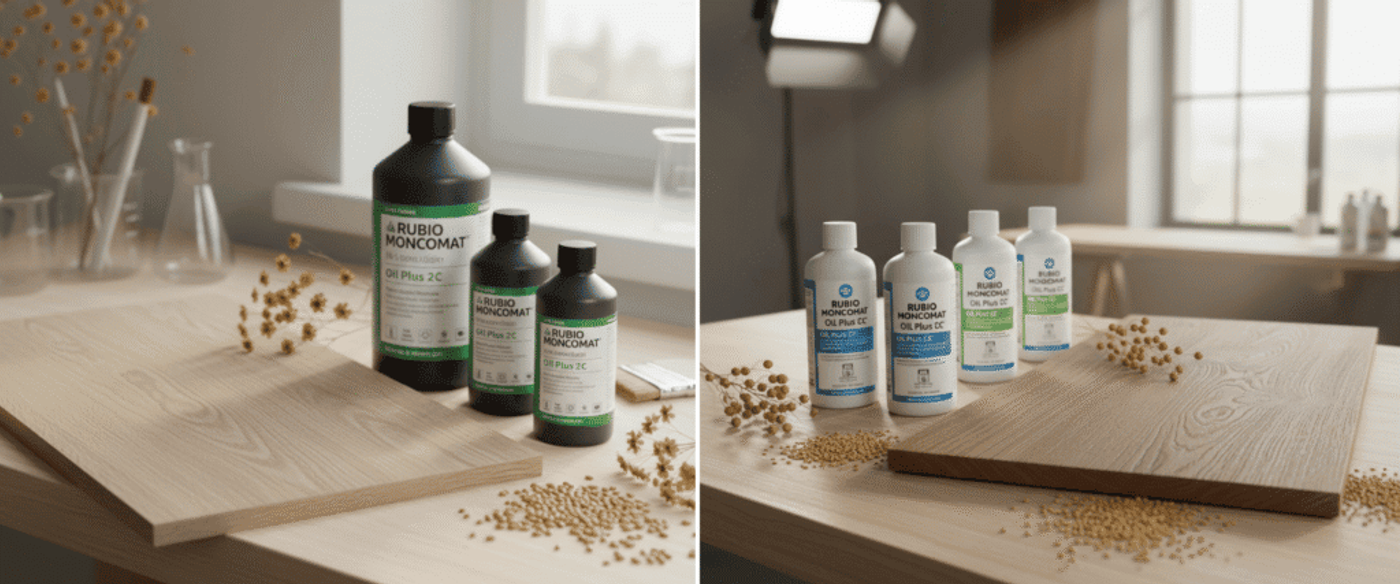 Rubio Monocoat oil on a wooden workbench beside a finished wood plank and scattered seeds