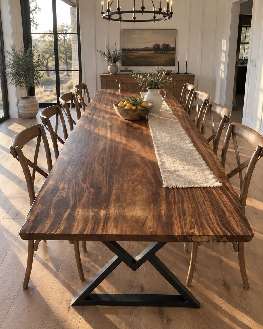 Rendering of the Amanda Octavia slab as a dining table with Modern X Legs in a modern farmhouse home