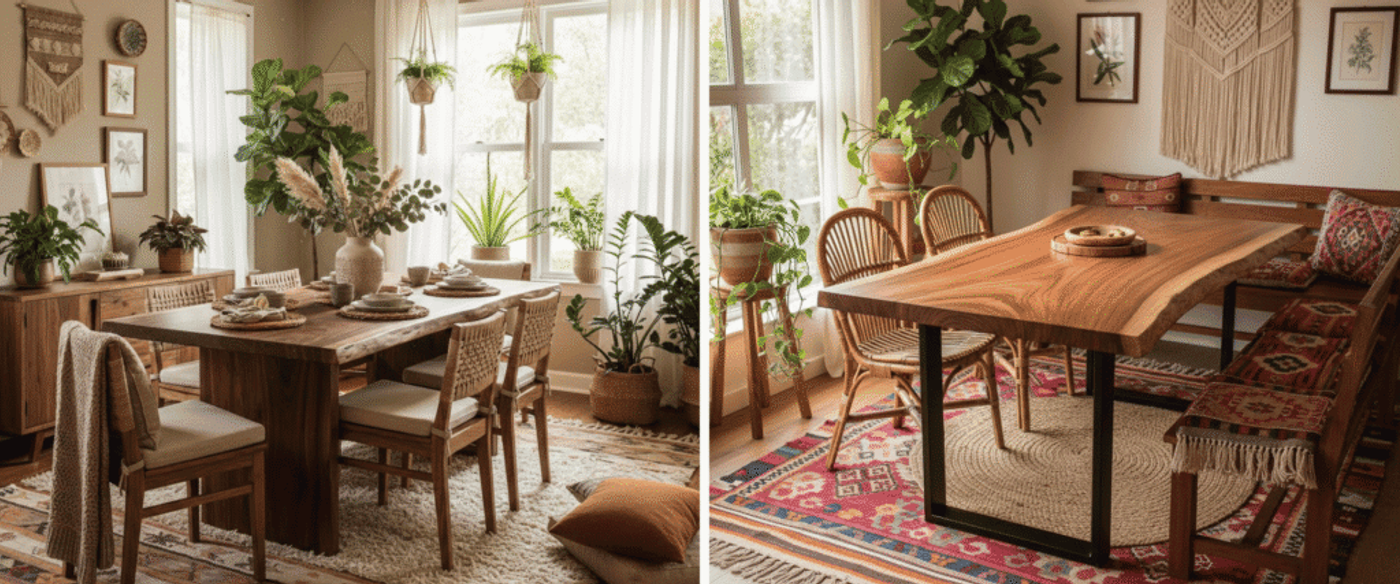 Warm, sunlit dining room with a wooden table set for four, woven chairs, indoor plants, macramé wall hangings, and cozy textiles