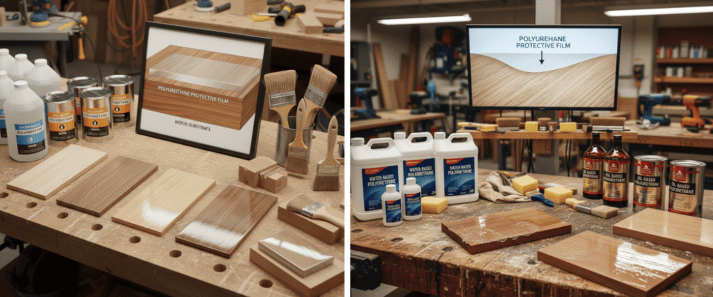 Woodworking bench with polyurethane cans, brushes, and six wood finish samples