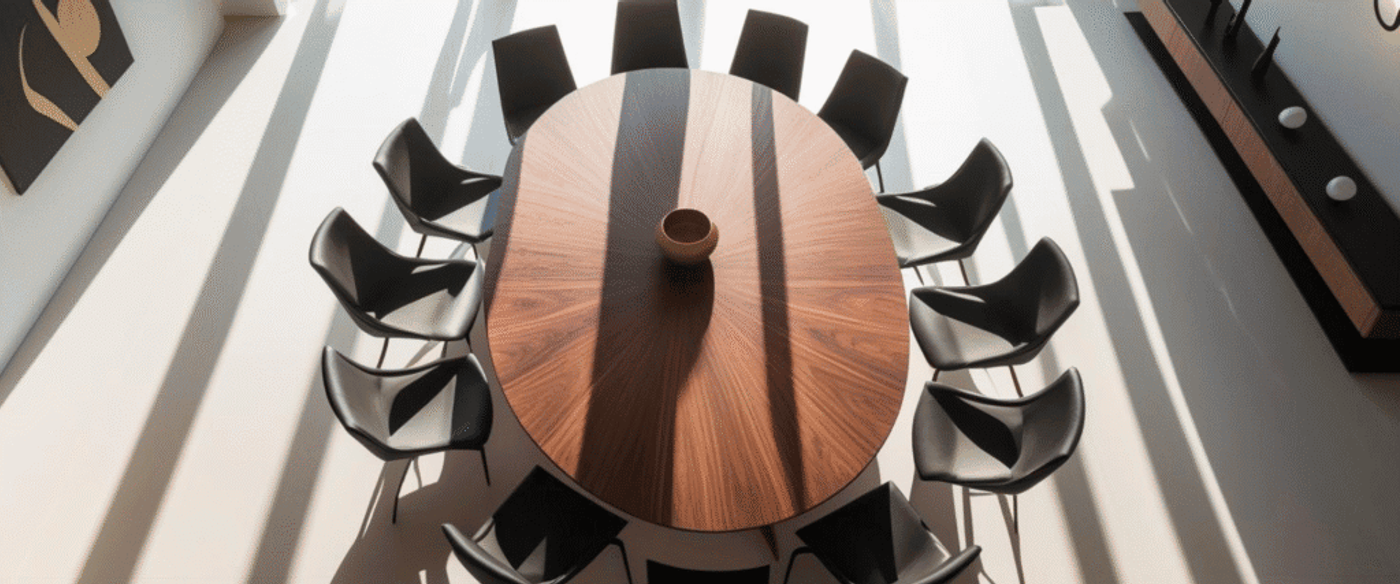 Conference room with a modern wooden oval table surrounded by black chairs, illuminated by natural light and shadows.