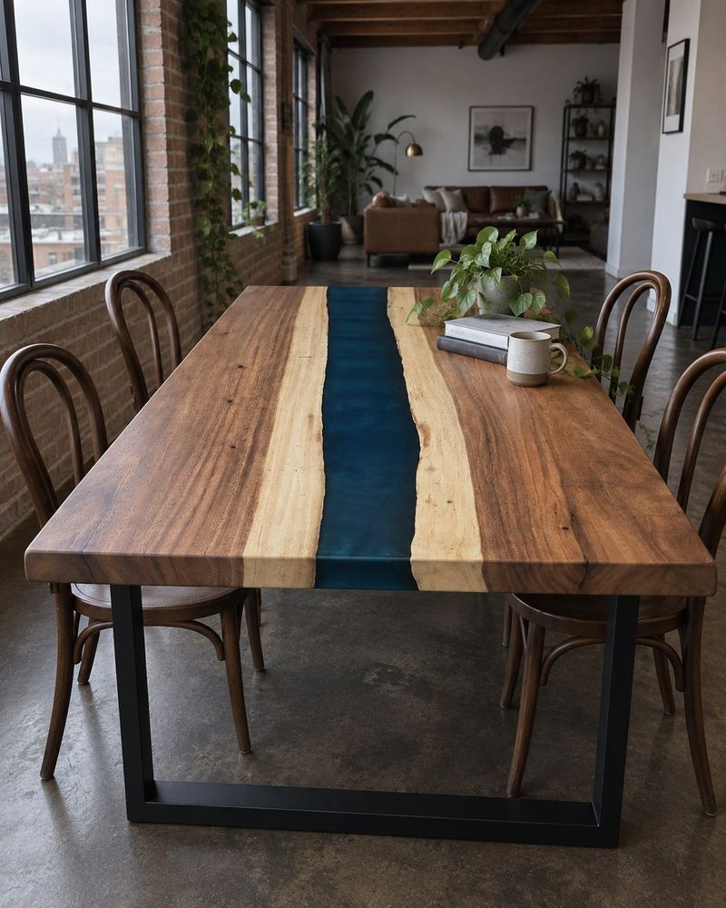 Rendering of the Alexa Quinta slab as a dining table with Traditional Legs in a industrial loft home