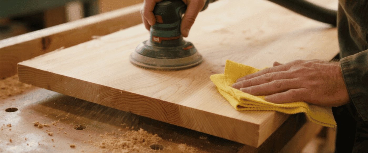 Man sanding a wooden board with a handheld orbital sander while wiping dust with a yellow cloth on a workshop bench.