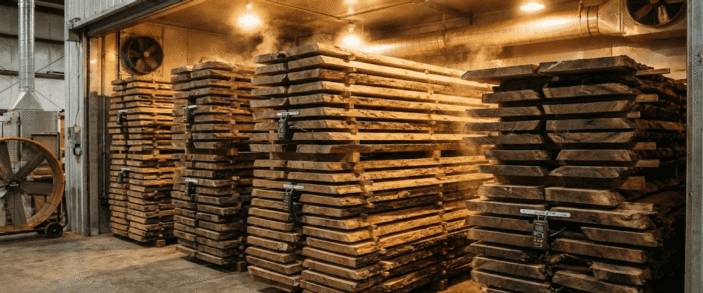 Kiln-dried lumber stacks inside a warehouse, rows of thick wooden planks drying under warm lights and ventilation fans