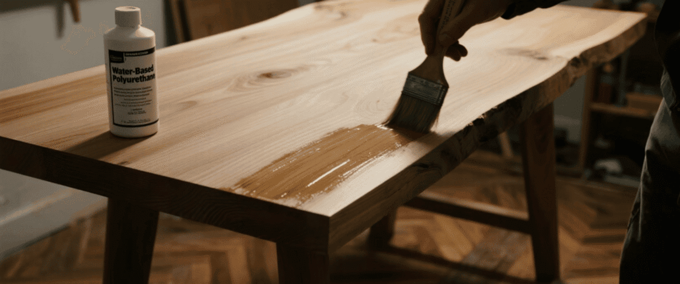 Man brushing water-based polyurethane onto a live-edge wooden table in a workshop, bottle of finish on the tabletop.