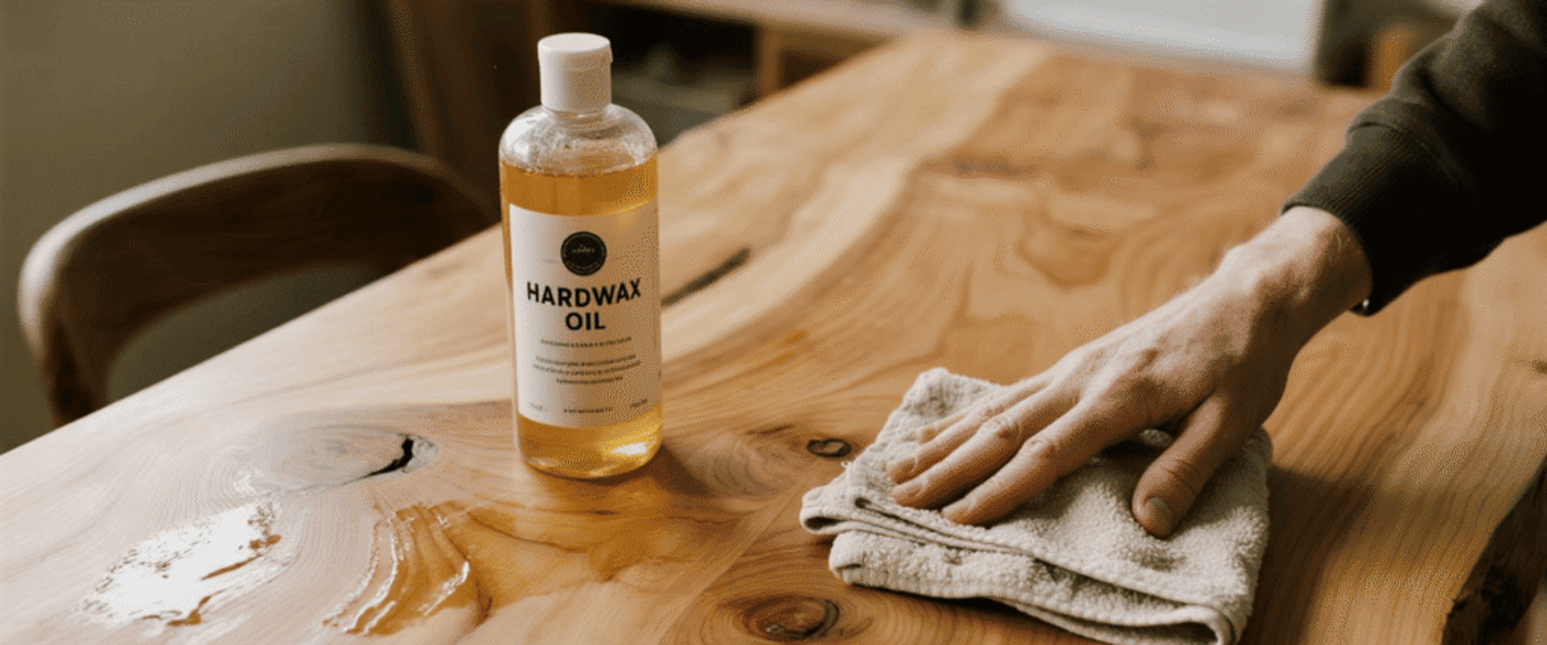 Hand wiping a live-edge wooden table with a cloth beside a bottle of hardwax oil, restoring rich wood grain and sheen.