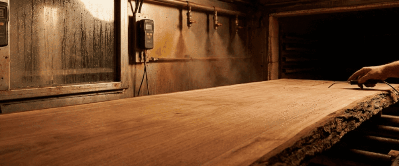 Worker testing moisture in a large finished live-edge wooden slab on a workshop table, warm light and steam in the background