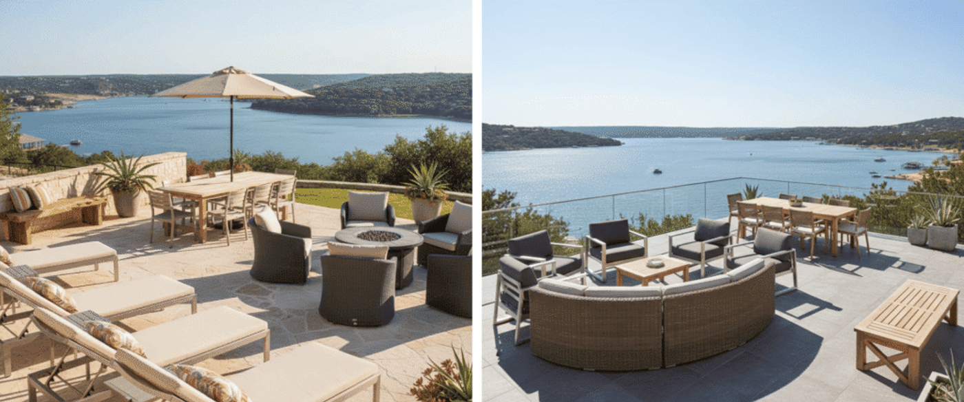 Beautiful outdoor patio overlooking Lake Travis with aluminum lounge sets, resin wicker seating, teak or HDPE outdoor dining set