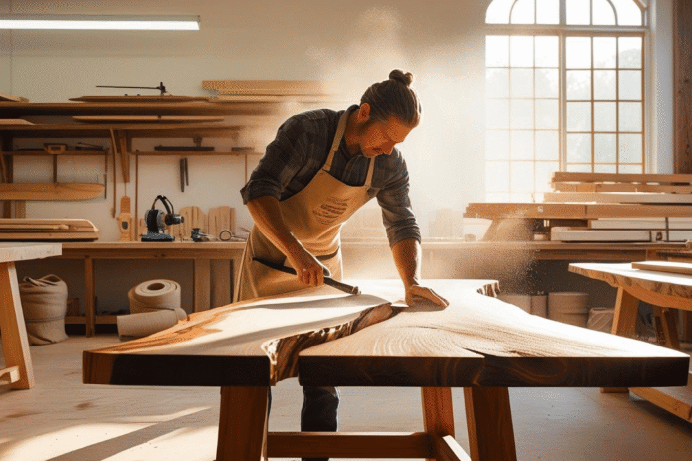Carpenter smoothing a large wooden slab in a sunlit workshop, shaping it for furniture use.