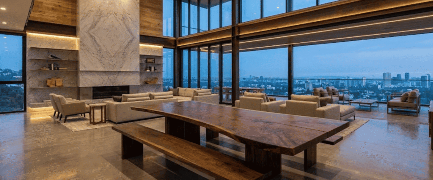 Spacious modern living-dining room with large wooden table, floor-to-ceiling windows and city skyline view at dusk