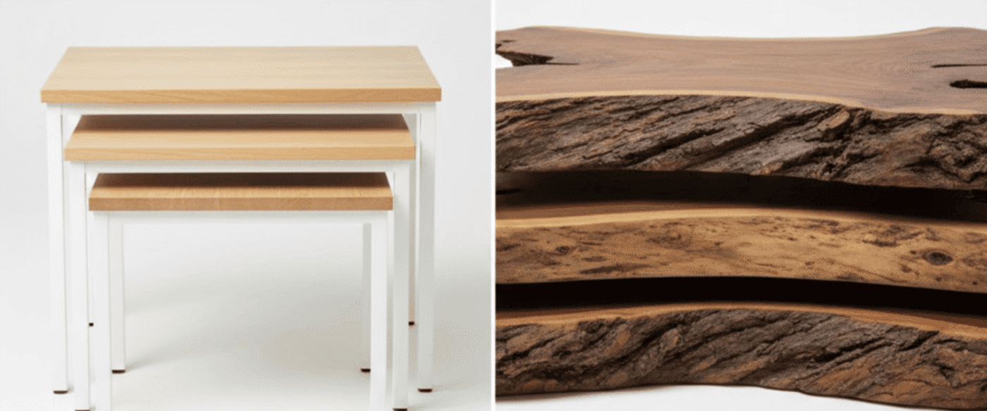 Left: three nested modern nesting tables with light wood tops and white metal legs; Right: stacked dark live-edge wood slabs showing natural bark texture