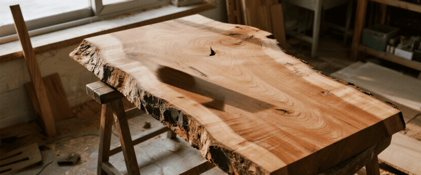 Rough-sawn live-edge slab on sawhorses in a sunlit workshop, digital timer and sticky note resting on the wood grain.