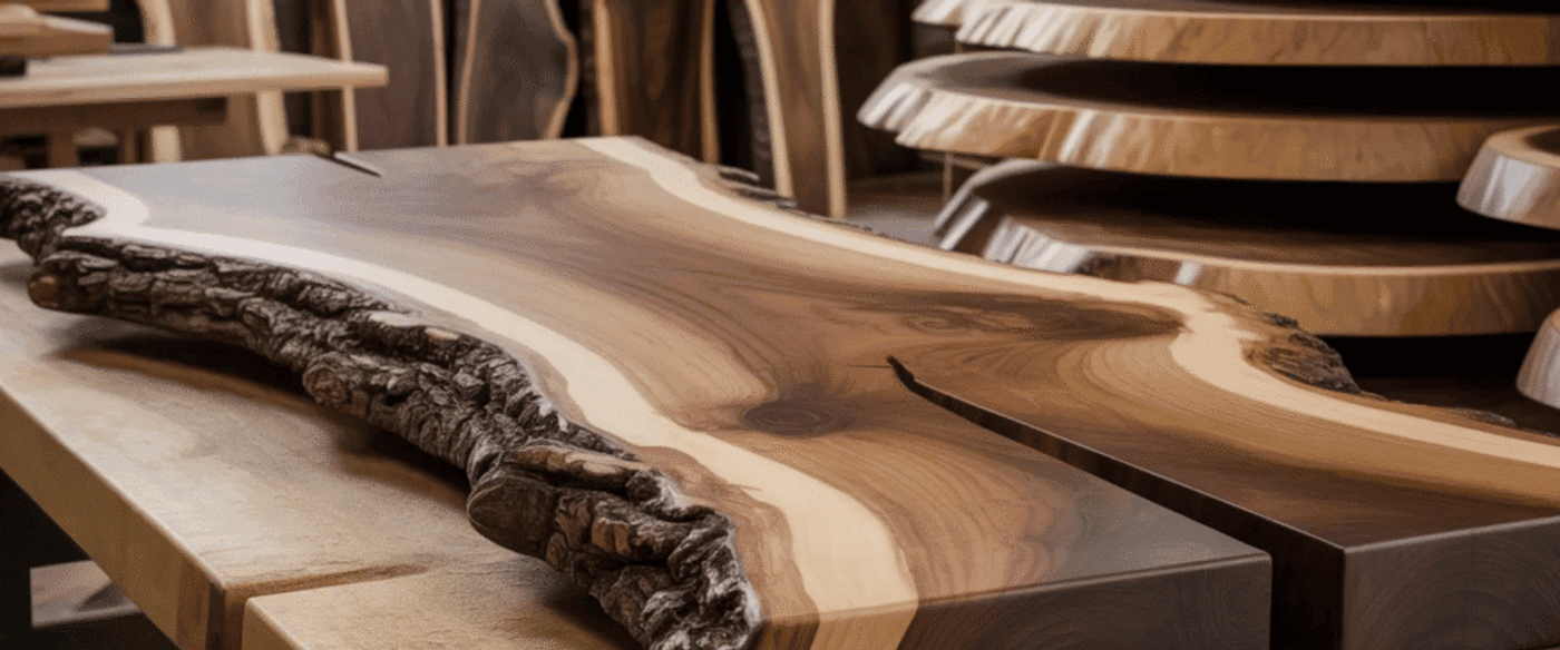 Live-edge walnut slab table top with natural bark edge, rich grain patterns and smooth polished surface in a workshop