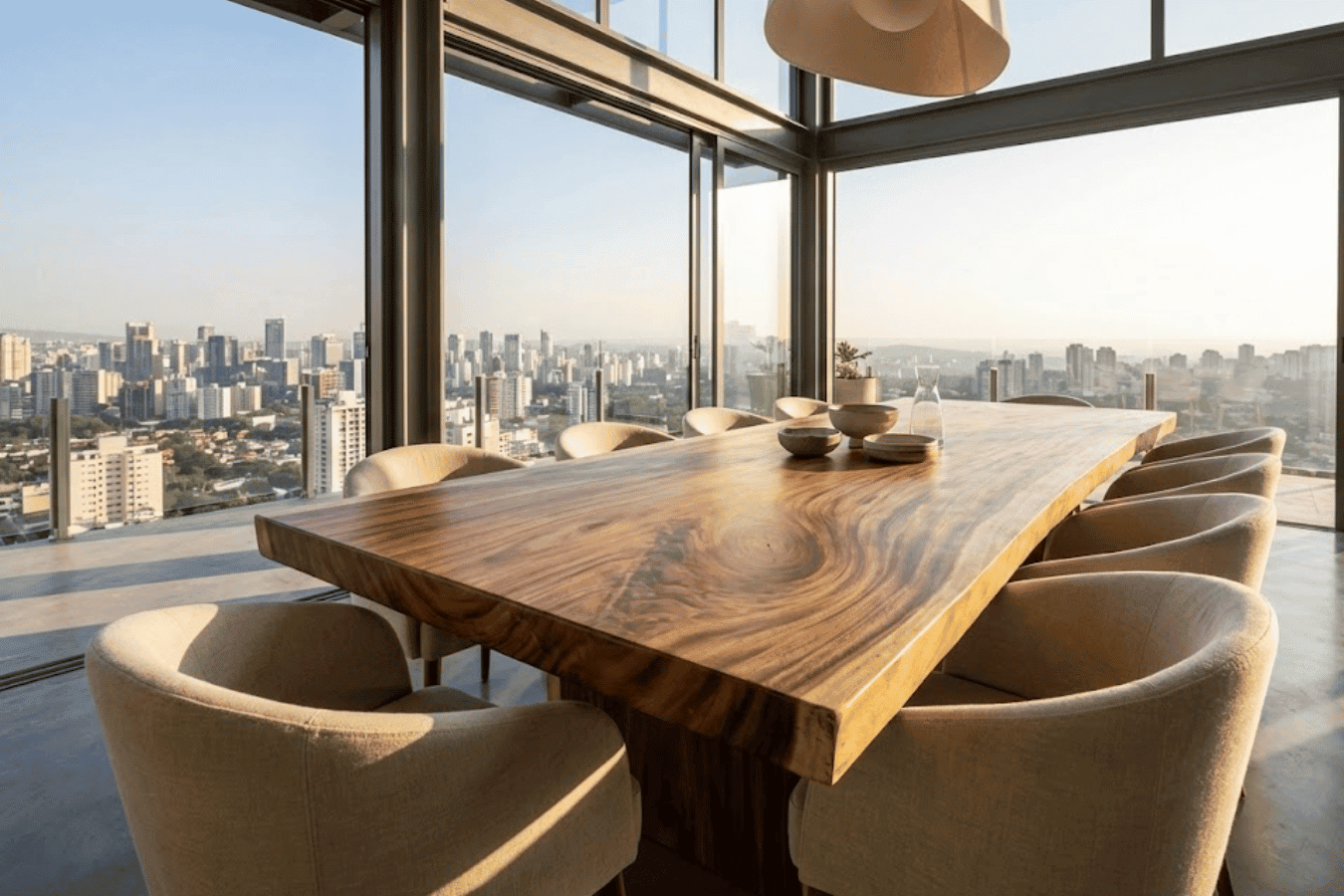 Sunlit dining room with a large live-edge wood table surrounded by upholstered chairs and floor-to-ceiling city views