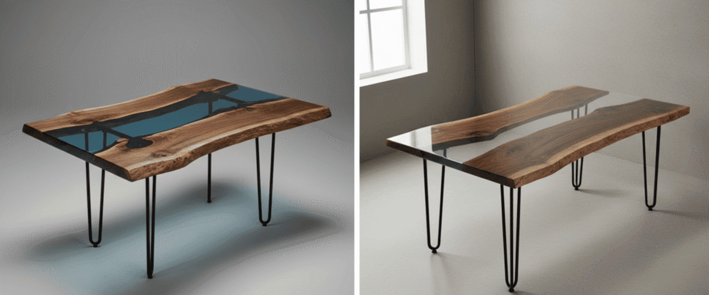 Live-edge walnut and clear resin dining table with black hairpin legs in a minimal sunlit room, modern rustic design, top view.