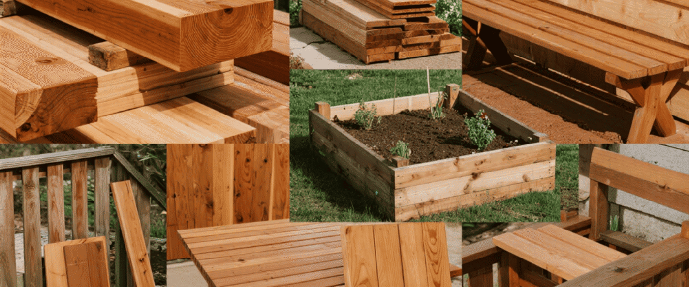 Freshly cut cedar planks and finished wood projects including benches, planters, and decking for outdoor DIY backyard builds