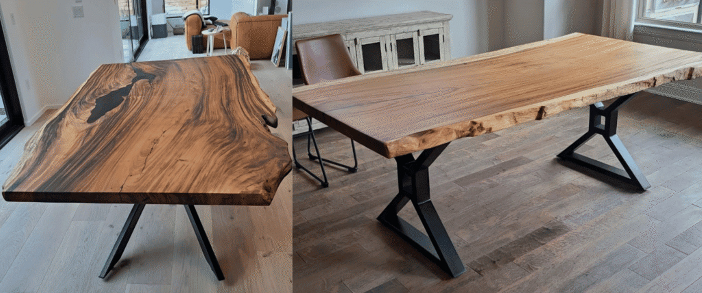 Rustic live-edge walnut dining table with black metal X-legs, rich grain and natural edge, set in bright modern dining space.
