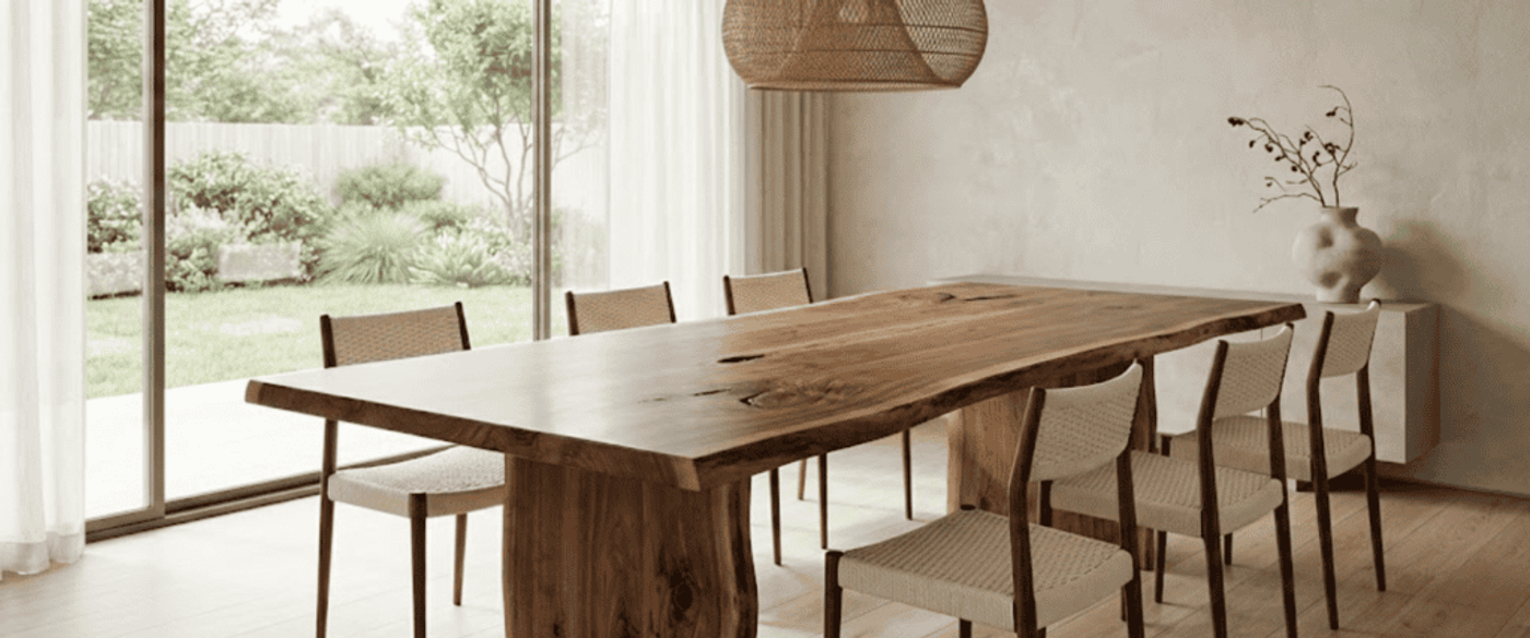 Live-edge wooden dining table with modern minimalist chairs in a bright, elegant Scandinavian-style interior