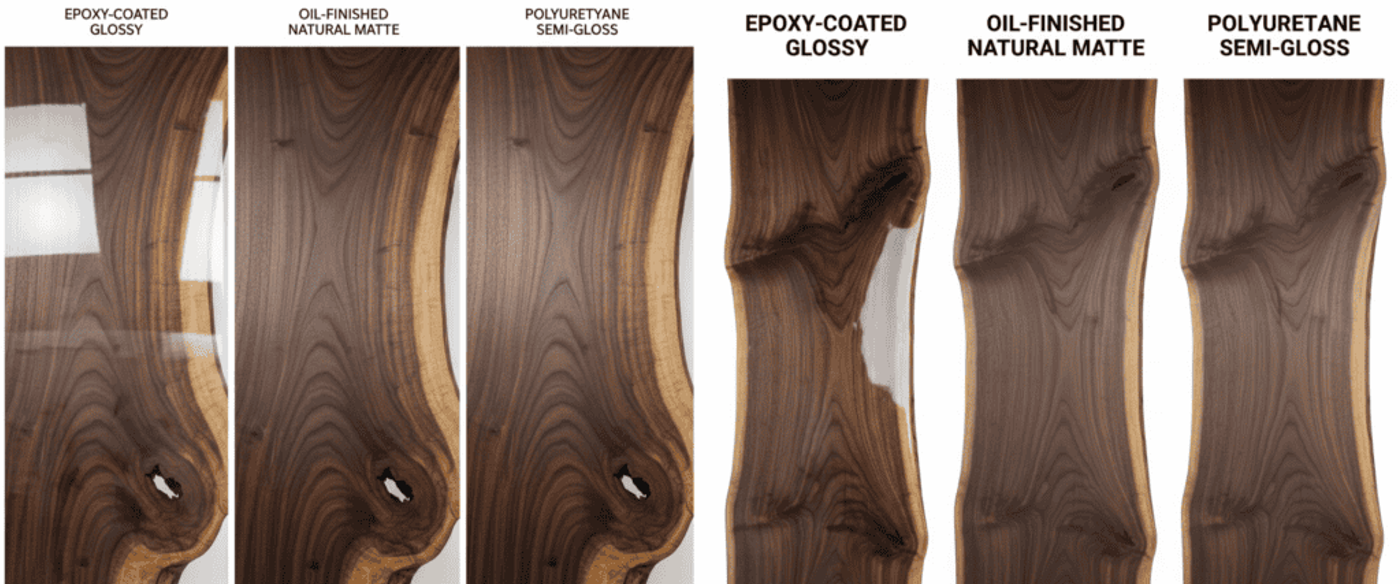 Epoxy-coated glossy, oil-finished matte, and polyurethane semi-gloss walnut live-edge slabs showing wood grain, knots, and natural edge contrast