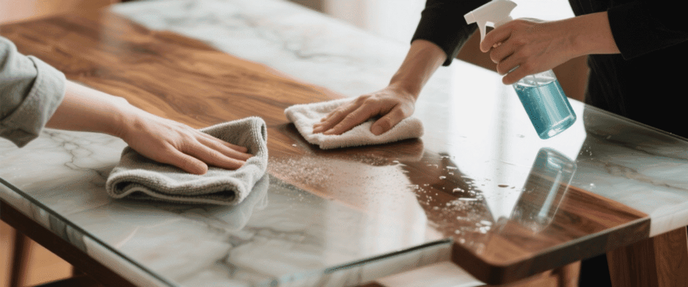 Two people cleaning a wooden and marble table using cloths and spray cleaner to remove dust and stains.