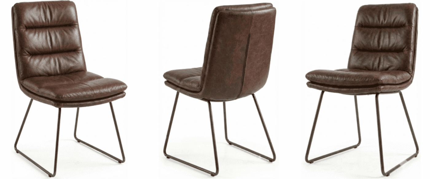 Brown leather upholstered dining chair with padded seat and back, stitched detailing, and black metal sled legs