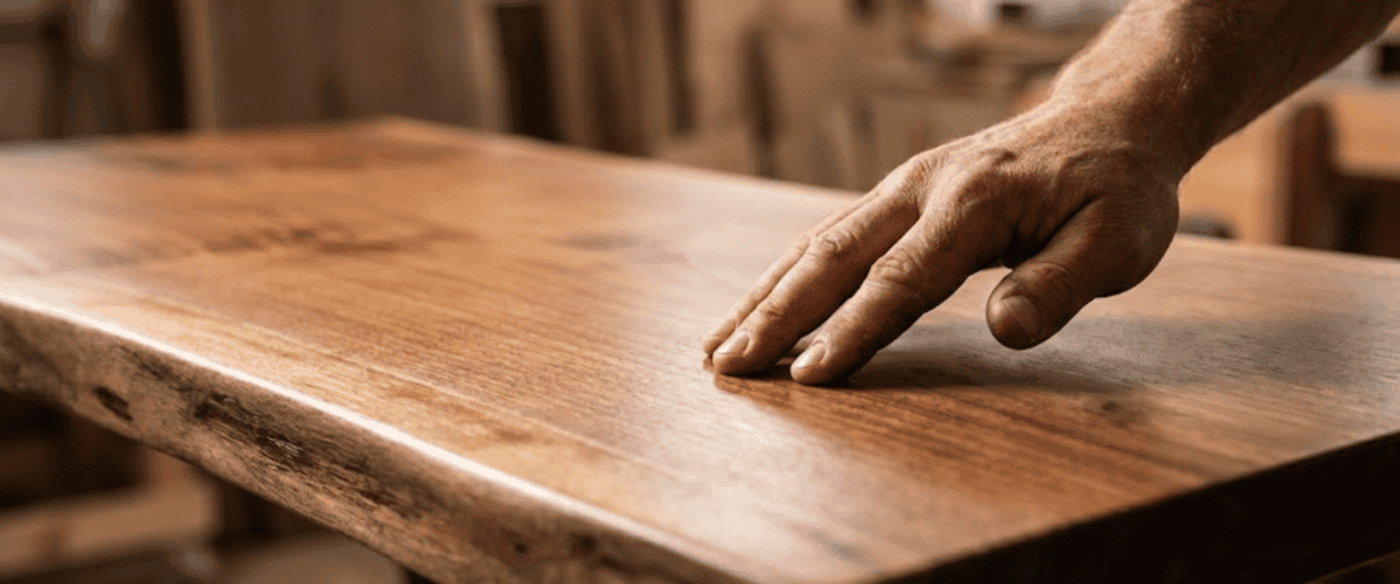 Hand of a woodworker feeling the smooth, finished surface of a live-edge wooden tabletop in a workshop