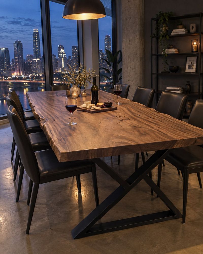 Rendering of the Ilaria Octavia slab as a dining table with Modern X Legs in a industrial loft home
