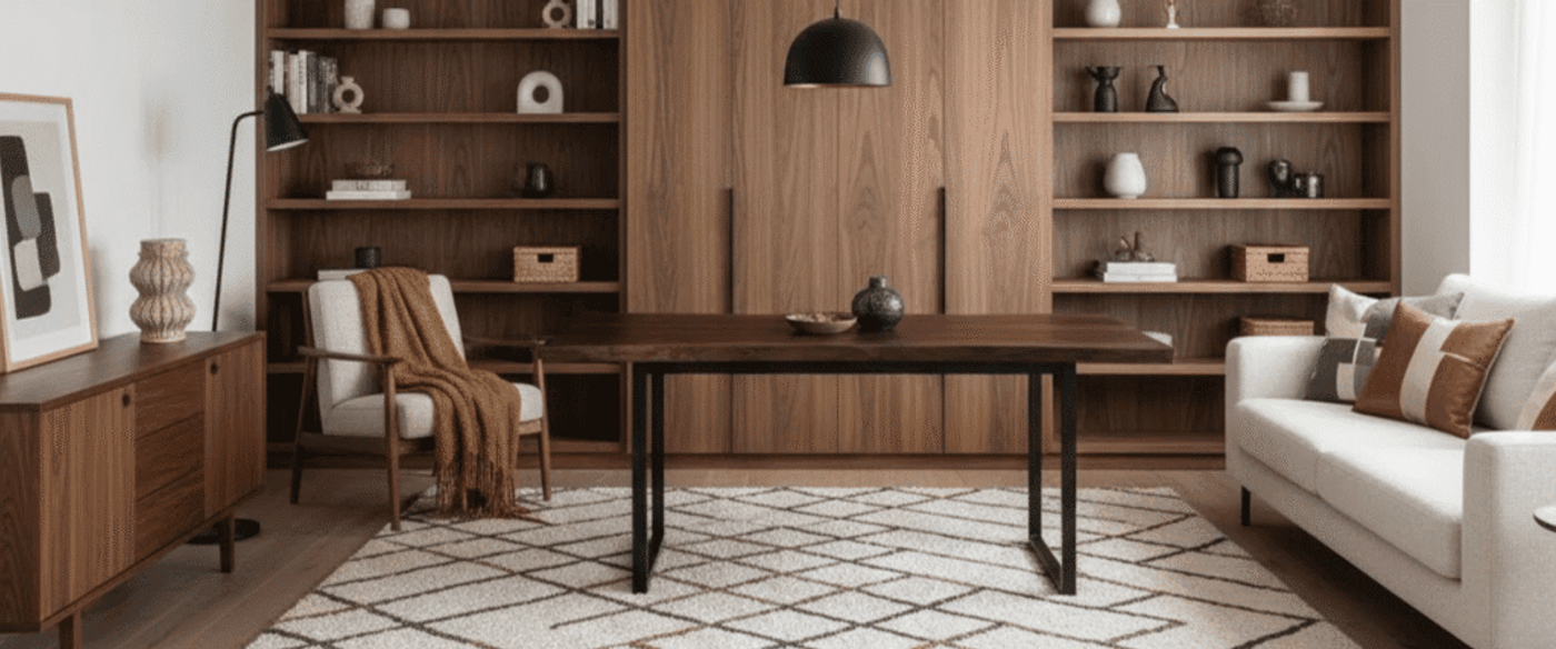 Modern living room with walnut bookshelves, central wooden table, cream sofa with rust cushions, patterned rug, brass chandelier, and cozy armchair