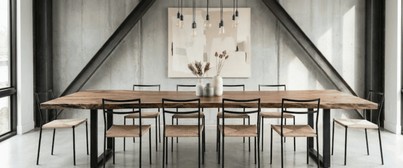Spacious modern dining room with long live-edge wood table, eight minimalist metal-framed chairs, pendant bulbs and neutral wall art