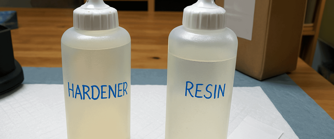 Two-translucent-plastic-squeeze-bottles-labeled-‘HARDENER-and-‘RESIN