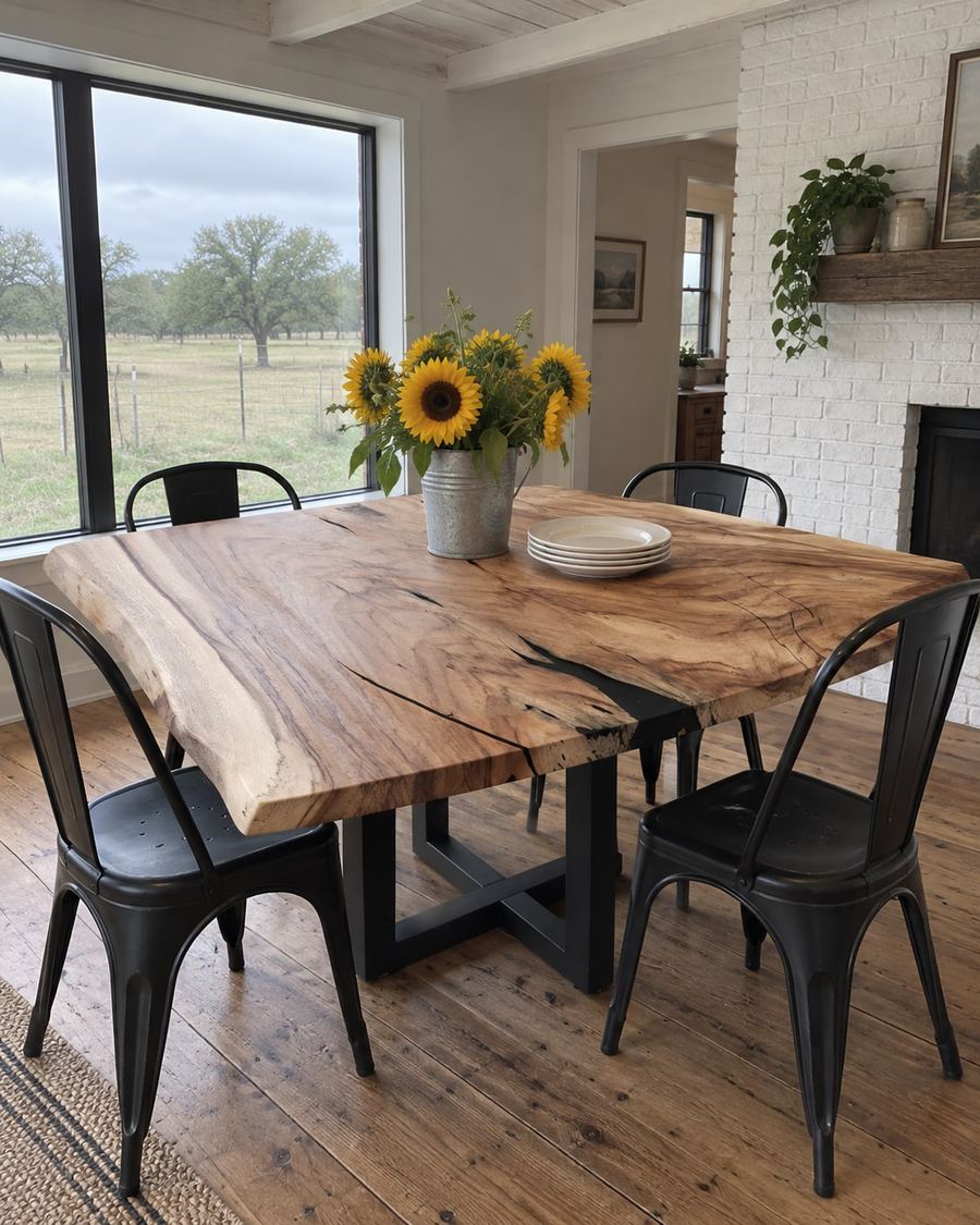 Rendering of the Amata Quinta slab as a dining table with Pedestal Legs in a modern farmhouse home